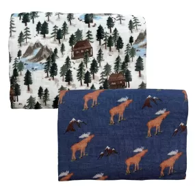 2-Pack Muslin Swaddles, Blue Moose/Vintage Cabin