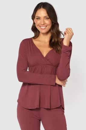 Long Sleeve Cross Front PJ Top - Burgundy