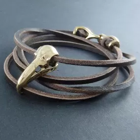 Raven Bronze Bird Skull Leather Bracelet