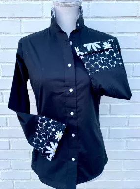 SALE - M ONLY - Beth Black Bell Sleeve w/Black Dot & Daisies (B17)   **FINAL SALE**