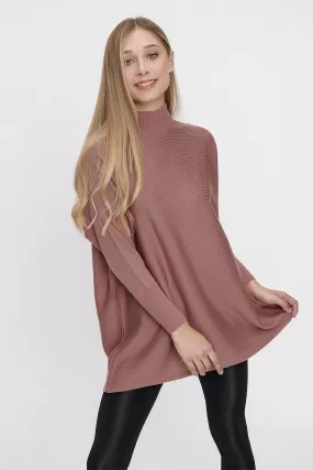 Women's Dried Rose Half Turtleneck Loose Long Knitwear Poncho - Chuba